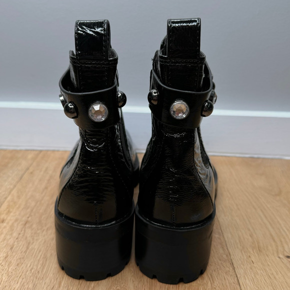 NEW Karl Lagerfeld Black Shiny Leather Porshay Lug Sole Studded Bootie Boot - Picture 5 of 9